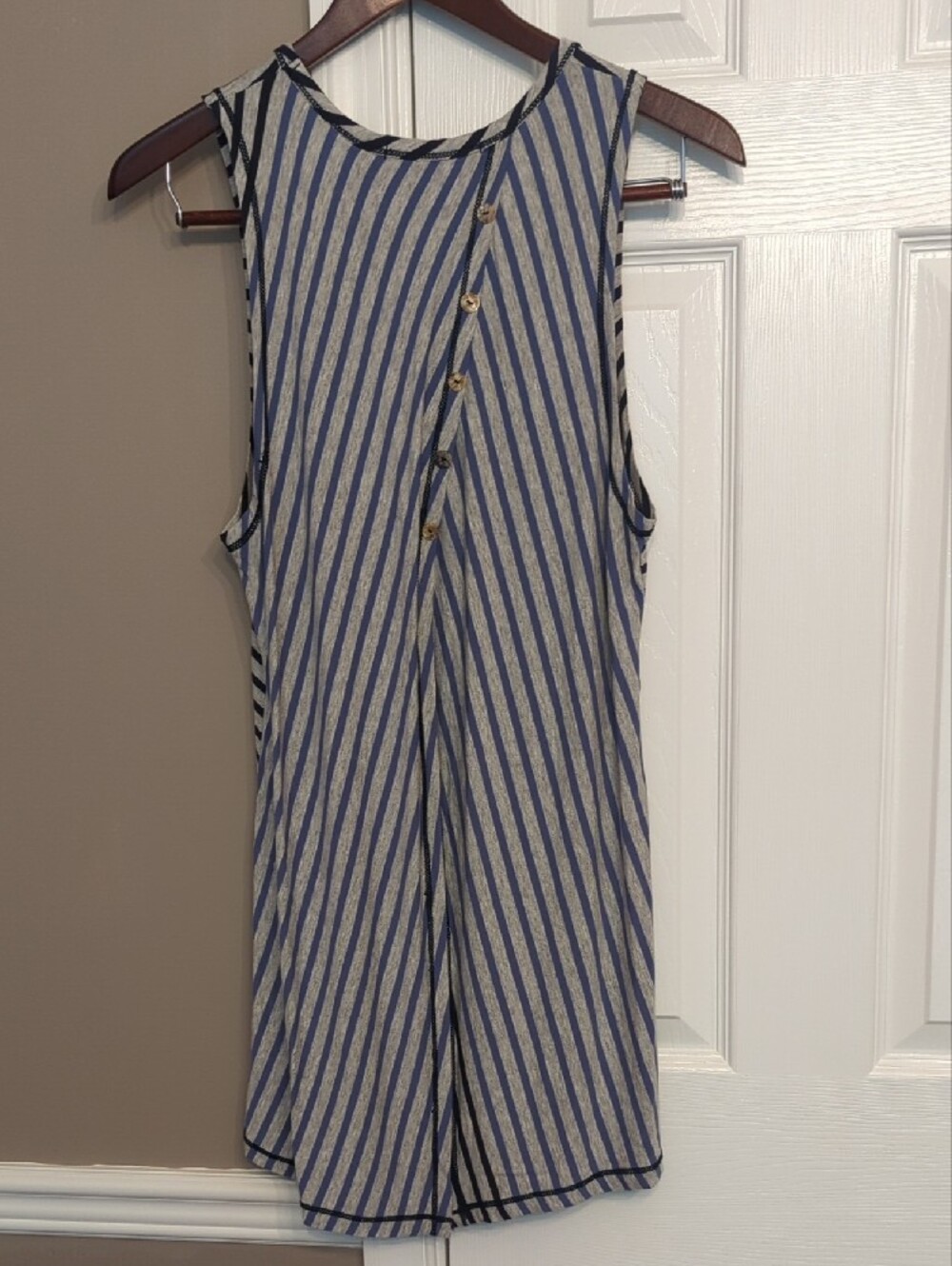 Sleeveless Tunic Tank Top - Navy, Blue & Gray Stripes Back Buttons Open Low Back - Picture 3 of 7